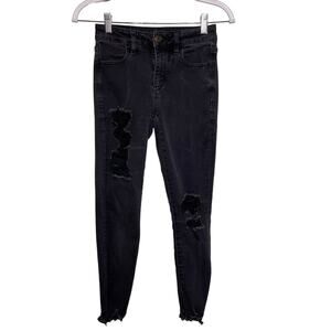 American Eagle Mid-Rise Distressed Denim Jegging‎ Jeans Black Grunge Goth Punk 0